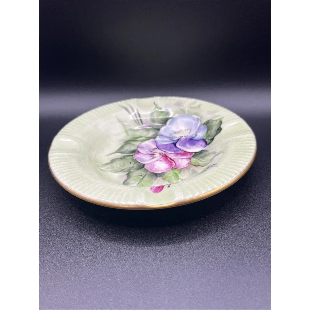 Vtg Green Ashtray w/ Flowers Victorian Hand Painted Trinket Dish 5